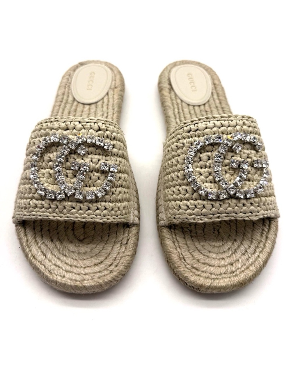 Gucci Cora Crystal Logo Espadrille Slide Sandal